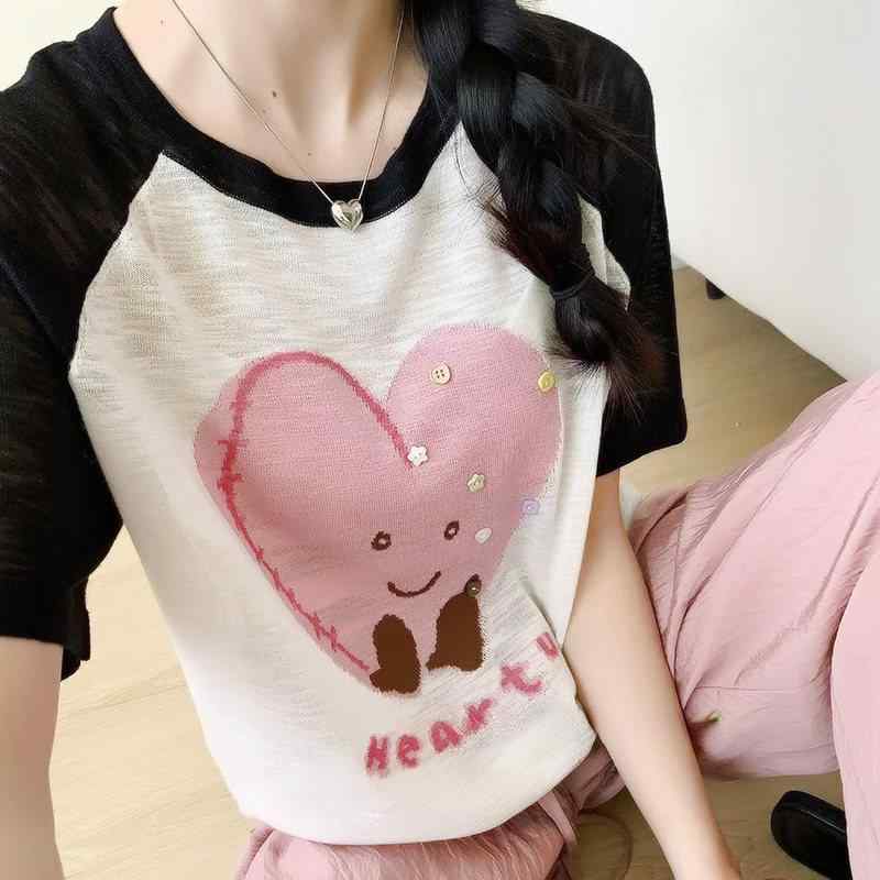 Tシャツ ニット レディース 夏 ゆったり 丸首 ショートスリーブ リネン 薄手 ボタン ハート プリント かわいい カジュアル 普段使い 通気性 軽量 トップス