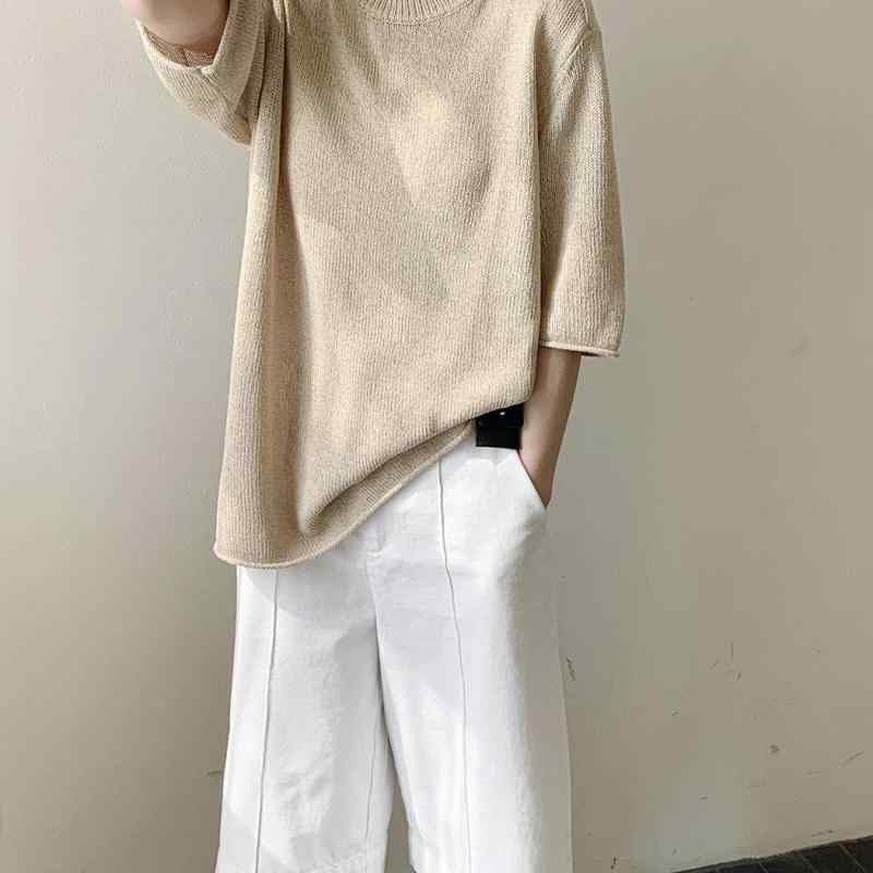 レディース 麻 編み物 トップス 通気性 好いたらしい 肌ざわり似つかわしい 短袖 プルオーバー 心地好い 肌付き プルオーバー 伸び伸びする 表現スタイル  普段使い走り 軽さ 伸縮性 吸湿速乾 綿混 第一義的 影ぼうし V素っ首 象牙色 黒いこと サクラ色系