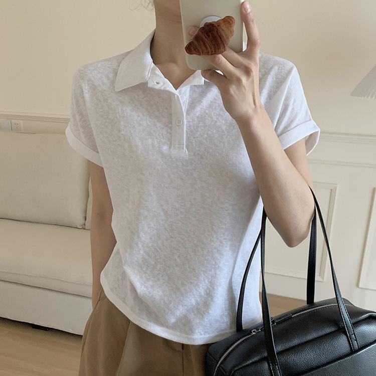 Tシャツ レディース 夏 接触冷感 綿素材 ポロ 襟 短袖 薄手 ゆったり シルエット スリム 効果 正肩 インナー トップス 打底 シャツ 普段使い 軽量 吸湿速乾 爽やか ブラック ホワイト ピンク系