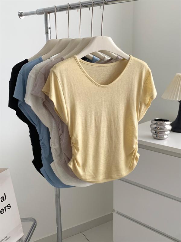 Tシャツ 女性用 かわいい Vネック ウエスト切り替え 短袖 麻 天? 柔らかい素材 接触冷感 吸湿速乾 軽量 ビッグシルエット 春夏 普段使い 部屋着 通勤 ブラック ピンク系 アイボリー 再生繊維