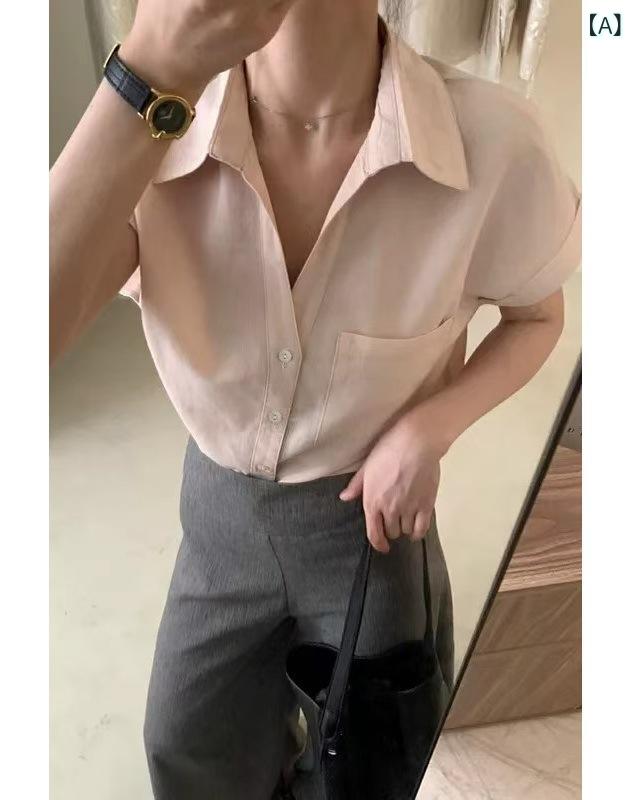 シャツ レディース 韓国 シンプル 気品 Vネック フレアスリーブ ゆったり フィット 半袖 トップス 休日服 カジュアル 綿混 軽量 通勤 普段使い ブラウス ロング丈 ゆったりシルエット 春夏 吸湿速乾