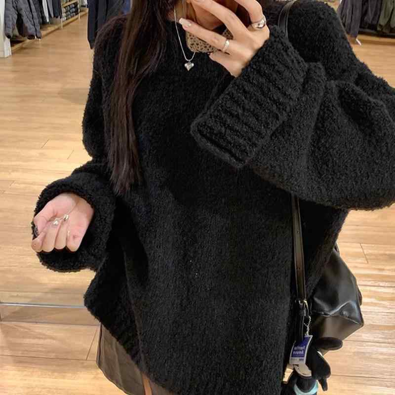 レディース 秋冬 ニットセーター ブラック ゆったり 厚手 クルーネック プルオーバー 柔らかい ニット トップス シルエット リラックススタイル カジュアル 暖か素材 ソフトタッチ