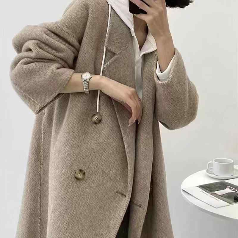 コート 女性用 ダブルフェイス ニット加工 羊毛 高級感 柔らかい 細い毛 ダブルブレスト 中長丈 コクーンシルエット ウール フェルト加工 アウター 暖かみ 軽量 通勤用 普段使い 秋冬 ブラック グレー|リバーパディ