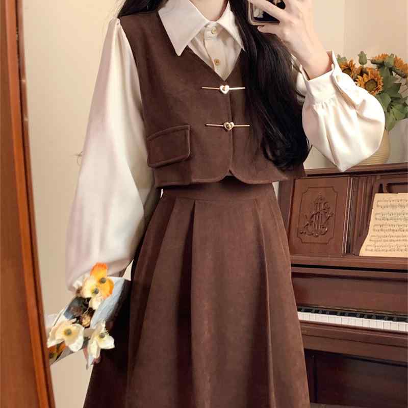 ワンピース レディース 長袖 馬甲付き フランススタイル 学院風 プレッピー 学生制服 春夏 大きめサイズ 赤 セット ドレス トップス スカート 組み合わせ 普段使い 通学用 軽量 伸縮性