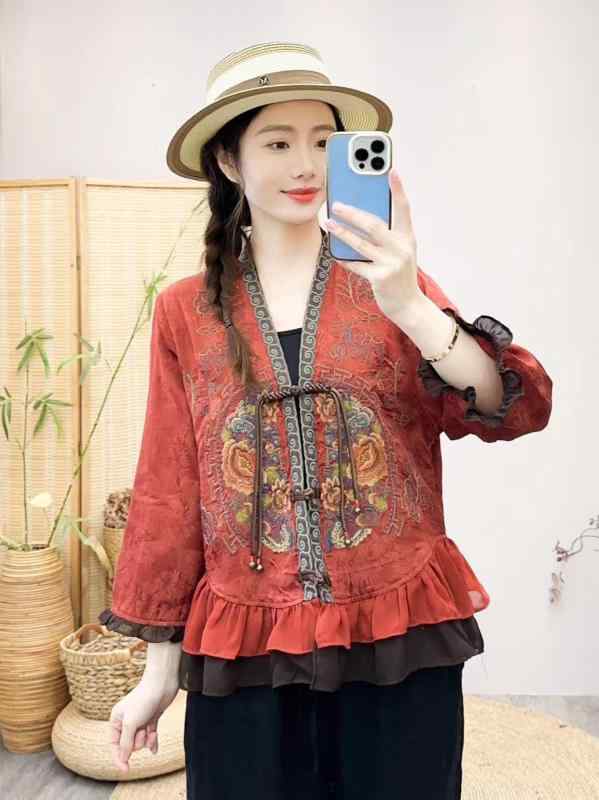 刺繍 上着 女性用 春夏 民族 Vネック ワイドシルエット 花柄 フリル ホルターネック コットン混 軽量 通気性 切り替えデザイン ブラウス トップス ゆったり カジュアル