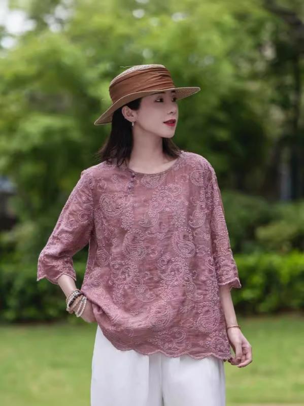 Tシャツ レディース 春夏 七分袖 花柄刺繍 斜め襟 包みボタン ?麻素材 切り替えデザイン 軽量 通気性 吸湿速乾 綿混紡 トップス ブラウス フェミニンスタイル 普段使い 涼しい ビッグシルエット カジュアル