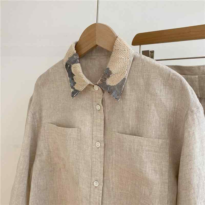 レディース 麻 ビーズ刺繍 襟付き シャツ ショーツ セット 接触冷感 ゆったり カジュアル ワイドシルエット 通気性 夏用 日常使い