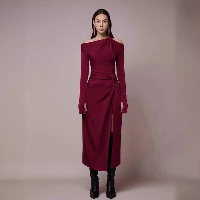 ワンピース 女性用 斜め肩紐 結び目 スリット ロングドレス ベトナム マイナー デザイン 修身 スリム フィット 軽量 伸縮性 通勤 普段使い デート 春夏 秋 ブラック ピンク系 アイボリー 切り替え フレア 膝下丈