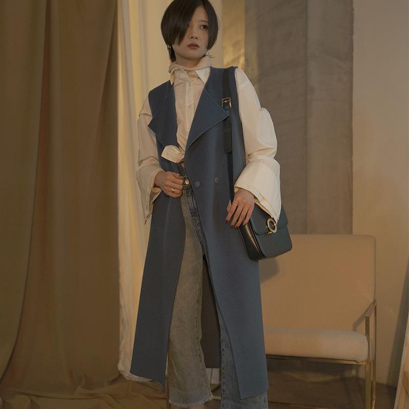 女性用 秋冬 ウール ロング ベスト スリムフィット スーツ ジャケット コート 暖かみ スタイリッシュ ビジネス カジュアル 切り替え デザイン 通勤 普段使い メンズライク トップス レイヤード ニット 素材 柔らかい 着心地 ブラック