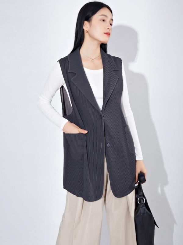 秋冬 女性用 ゆったり 気品 通勤 プリーツ コート トップス ファッション ベスト スーツ ジャケット 切り替え デザイン 軽量 ウール混 ブラック グレー ロング丈 暖か 防寒 伸縮性 通勤カジュアル オフィススタイル