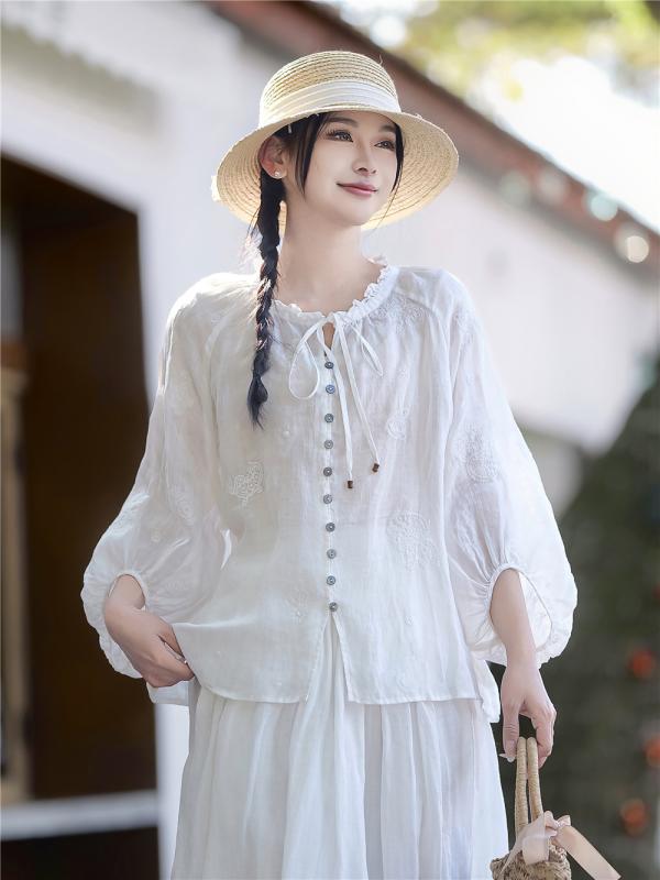 トップ レディース 春夏 途轍も無い大いさ 刺しゅう 麻 トップス 七分丈 曲がった撥ね除ける 灯籠袖 花辺領 人付き合い冷感 通い 普段使い走り 軽さ 伸縮性 吸湿速乾 ビッグ影ぼうし 象牙色 サクラ色系 黒いこと トップス-レディースファッション