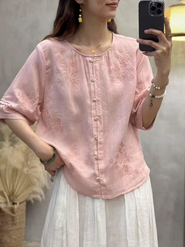 リネン刺繍シャツ 女性用 春夏 純色 ラウンドネック 七分袖 花辺 軽量 通勤 普段使い 再生繊維 切り替え ビッグシルエット 吸湿速乾 ベーシック カジュアル トップス ブラウス ピンク系 アイボリー グレー 柔らかい 通し良い