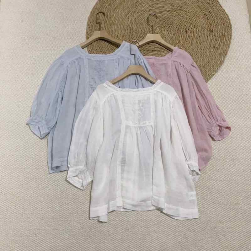 夏季 麻 シャツ 七分袖 刺繍 レース 切り替え ボタン フレンチカラー トップス 接触冷感 吸湿速乾 軽量 通勤 普段使い 春夏 ブラウス 爽やか デザイン