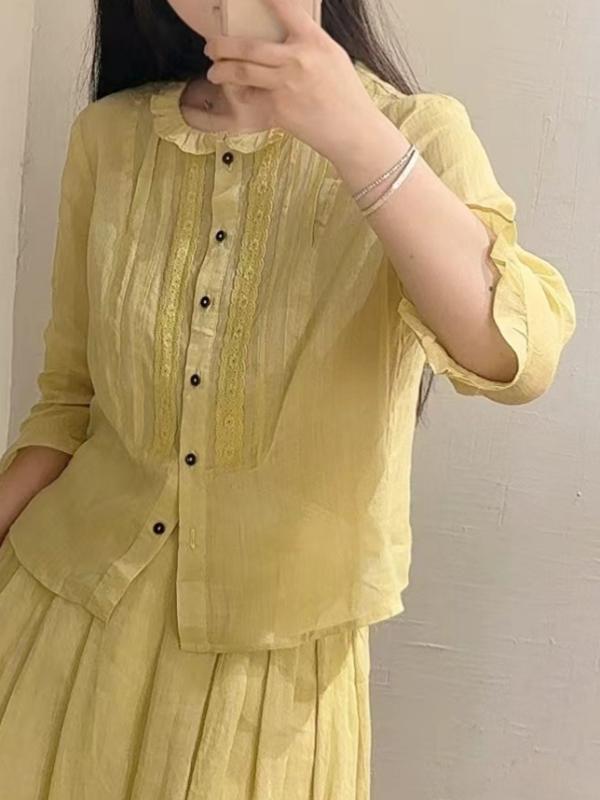 レディース プルオーバー トップス 返り咲き 麻 うつり変わり 花辺 襟 七分袖 トップ 成人女性用 夏 春夏 ゆったり 馬鹿でかい大きさ 開衫 軽さ 吸湿速乾 通い 普段使い走り 心地好い