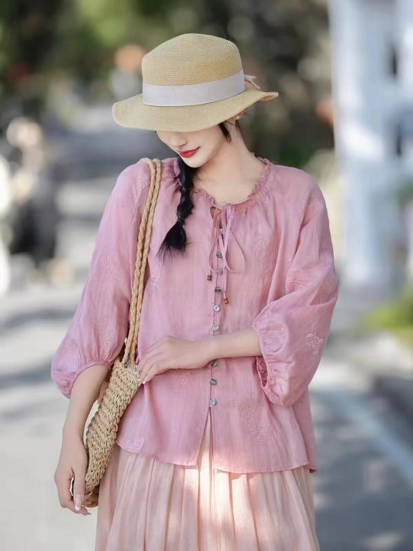 古着服飾 お上さん用 夏 トップス プルオーバー ?麻 刺しゅう 花辺 領 紐 ラウンドのど首  提灯捩り 当たること冷感 吸湿速乾 軽さ 通い 普段使い走り 心地よい 象牙色 ベージュ