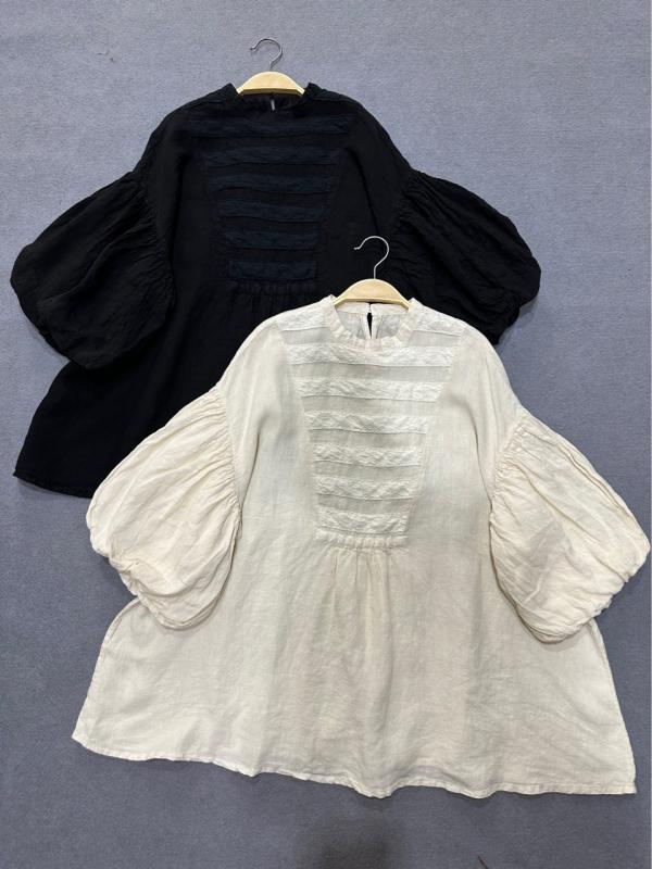 ブラウス 女性用 宮廷 ランプシェードスリーブ 七分丈 ワイドシルエット リネン 切り替え レース ゆったりトップス 軽量 通勤 普段使い 春夏 ベージュ系 アイボリー カジュアル 吸湿速乾