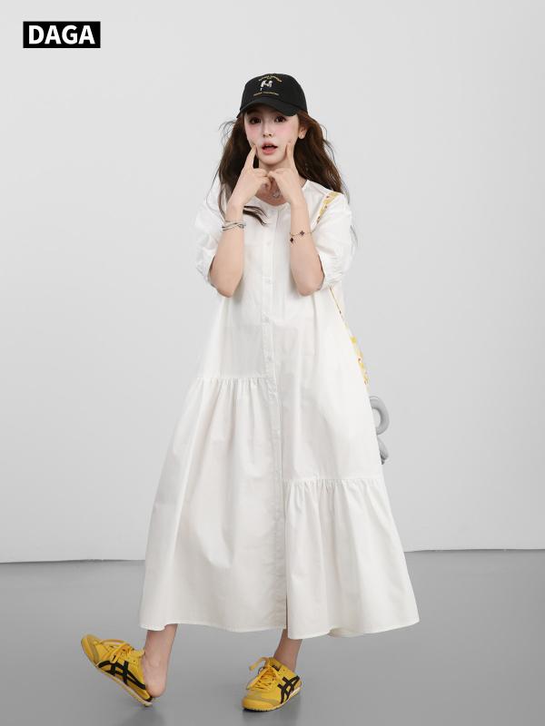 ワンピース 女性用 大きいサイズ ゆったり ロング丈 ホワイト シャツドレス 高級感 シンプル エレガント 普段使い カジュアル トップス ドレス