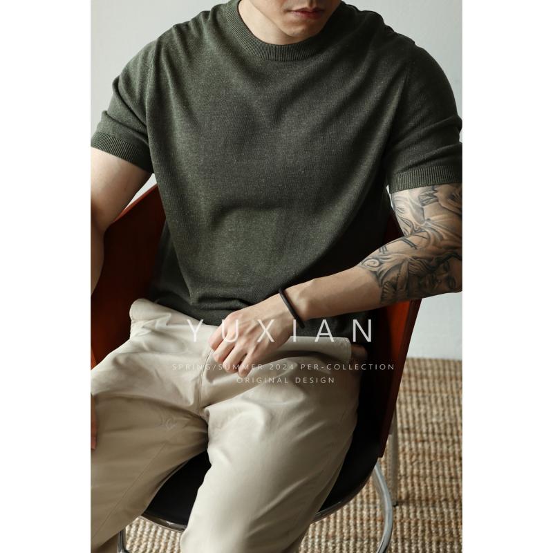 メンズ 半袖 トップス 麻 混紡 ニット Tシャツ 無地 レトロ クルーネック カジュアル ビジネス 高級感 軽量 通勤用 伸縮性