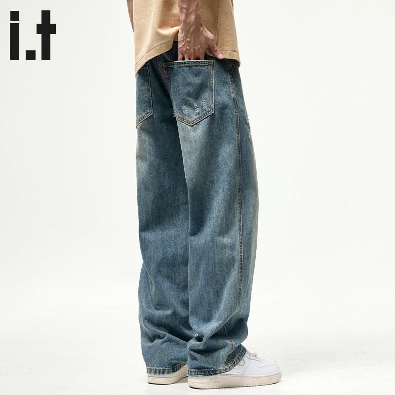 メンズ デニムパンツ ゆったり ワイドレッグ ストレート レトロ アメリカンスタイル 夏用 カジュアル 普段使い リラックスフィット ロング丈