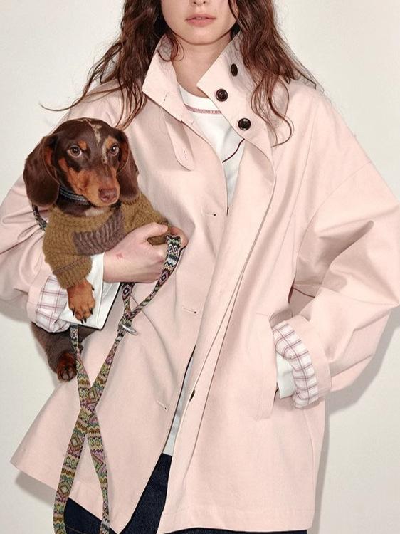 コート 女性用 ピーチピンク 切り替え柄 ショート丈 合い デザイン 春 春夏 通勤 普段使い 軽量 綿 麻 ビッグシルエット アイボリー ブラック