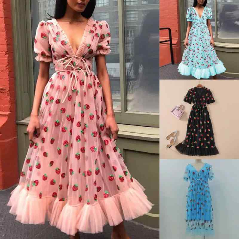 ワンピース レディース 法式 かわいい ストロベリー プリント 4色 シースルー スパンコール ロングドレス チュール レース リボン タイ ボディス スリム フィット フェミニン スタイル 軽量 伸縮性 春夏 秋 普段使い 通勤用