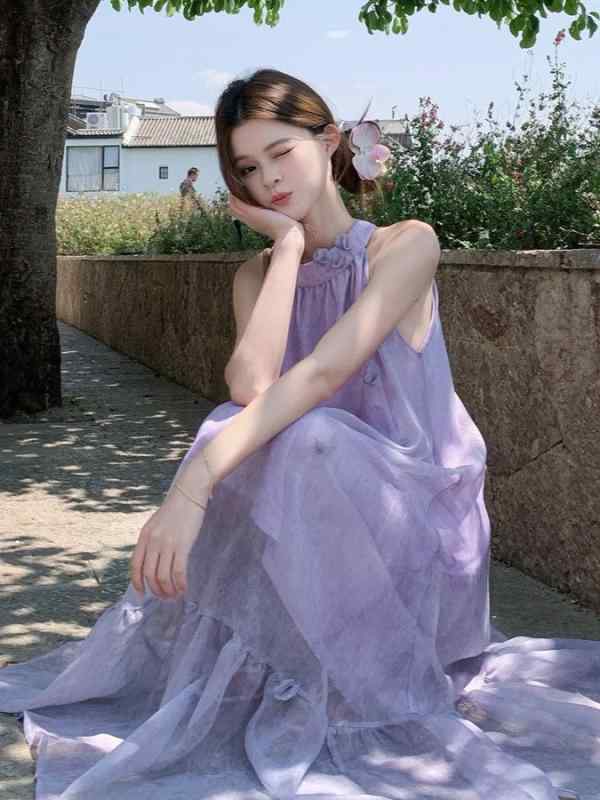ワンピース 女性用 夏 春夏 度假 フレンチスタイル フラワーデザイン ハングネック 無袖 優しい ゆったり 仙女 ロングドレス 軽量 綿素材 花柄 ビッグシルエット 涼しい 接触冷感 フェミニン ガーリー ロマンティック