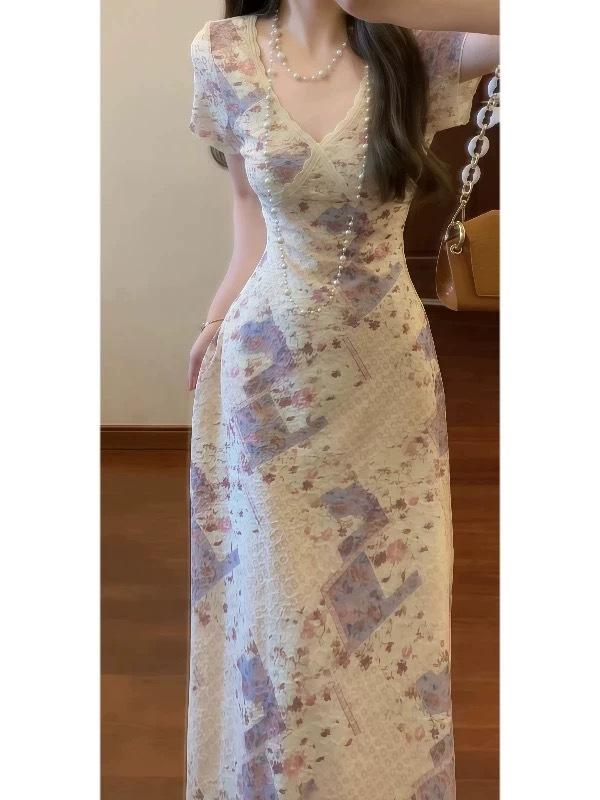 衣裳 お上さん用 淡米黄 お花柄 Vのど首 弾力性スピード競技 うつり変わり 収腰 高腰 ロング丈  表現スタイル引き上げる 軽さ 伸縮性 普段使い走り 春夏