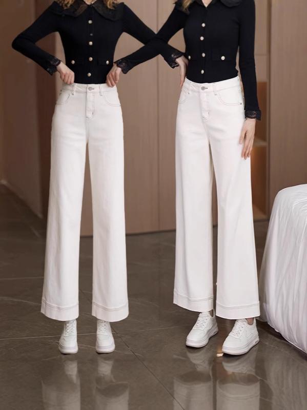 パンツ 女性用 小柄向け ホワイト スリム ワイドレッグ デニム ヒップアップ ウエストシェイプ ストレート 春夏 スリムフィット ナインポイント 軽量 ストレッチ 通勤 普段使い 細身シルエット 再生繊維 接触冷感