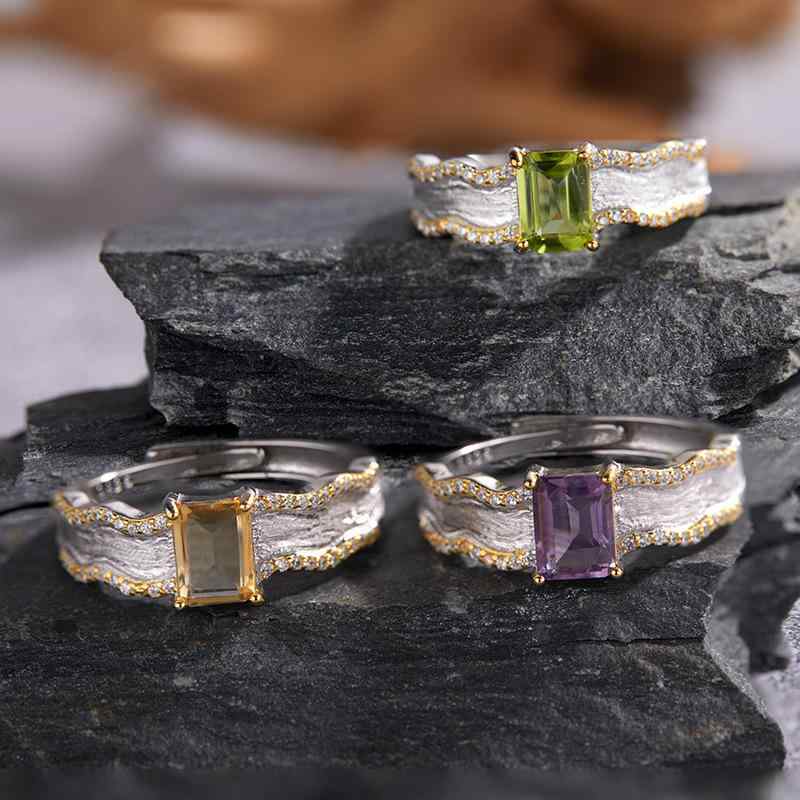 指輪 女性用 S925純銀 天然オリーブストーン 紫水晶 黄水晶 カラーバリエーション 開口デザイン 磨砂加工 凹面質感 かわいい 普段使い 軽量 華奢 シルバー アクセサリー ジュエリー