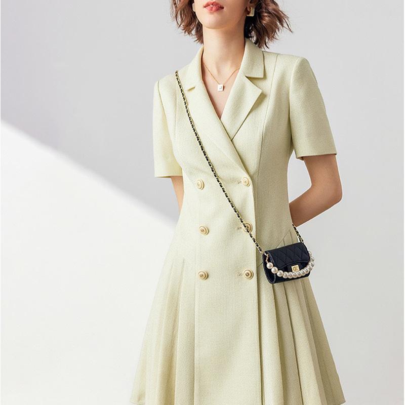 ワンピース 女性用 小柄対応 春夏 スーツ デザイン ハイセンス プリーツ 膝丈 スカート トップス 軽量 通勤 普段使い 綿混 伸縮性 ハイウエスト ブラック ピンク系 アイボリー ビッグシルエット Vネック 吸湿速乾 カジュアル