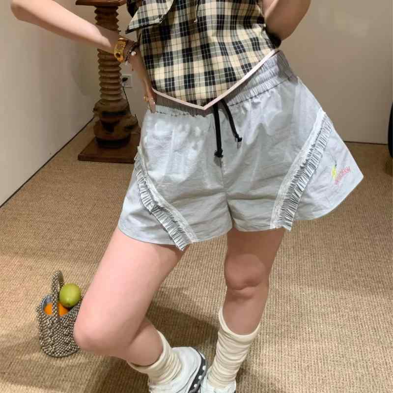 ショートパンツ レディース 春夏 花柄レース 切り替え ドローストリング ウエストゴム コットン混 軽量 伸縮性 吸湿速乾 カジュアル 普段使い 膝上丈 サイドスリット ブラック ピンク系 アイボリー ビーチ ストリート
