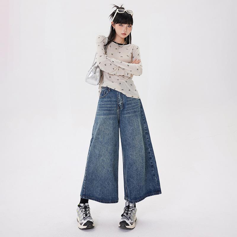 レディース デニムパンツ ファッション ビンテージ加工 復古 ゆったり ルーズフィット ワイドレッグ 高腰 ベーシック ストレートシルエット 七分丈 コットン素材 伸縮性 軽量 普段使い 通勤対応 秋冬 ブラック グレー ブルー デイリーコーデ
