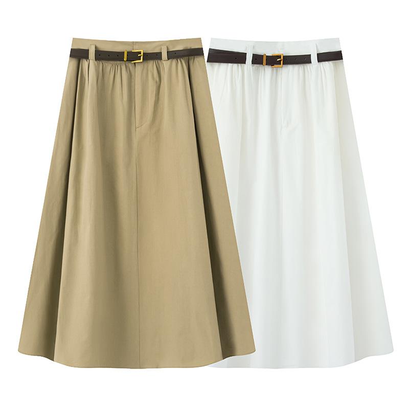 スカート 女性用 春夏 ファッション シンプル 気質 高級感 Aライン シルエット フレア スカート ウエストベルト ハーフ ミディ丈 軽量 伸縮性 綿混 ブラック ピンク系 アイボリー 通勤用 普段使い かわいい ビッグシルエット ハイウエスト