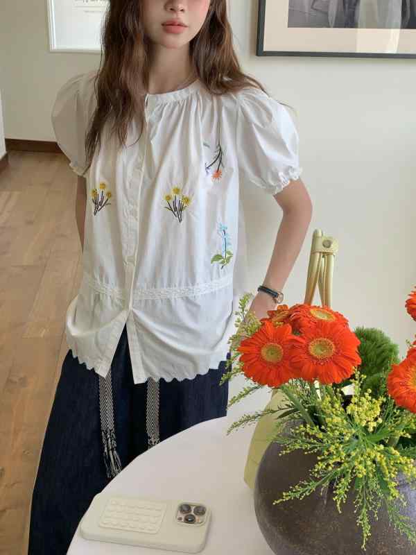 トップス 女性用 ゆったり 花柄刺繍 レース 綿 接触冷感 短袖 シャツ Aライン 花柄 かわいい トップス 日常使い 軽量 通勤 普段着 ビッグシルエット Vネック ピンク系 アイボリー ブラック