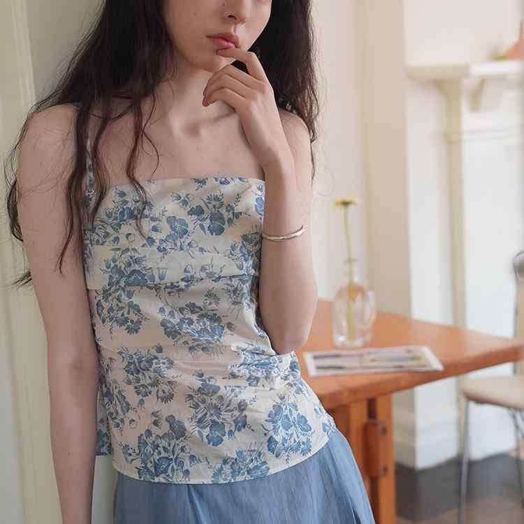 サマートップス 女性用 復古柄 夏 リゾート 取り外し可能 吊り下げストラップ 非対称 チューブトップ 綿素材 軽量 伸縮性 ビーチウェア カジュアル かわいい 花柄デザイン 肩出し ゆったりシルエット 吸湿速乾 ピンク系 カラー