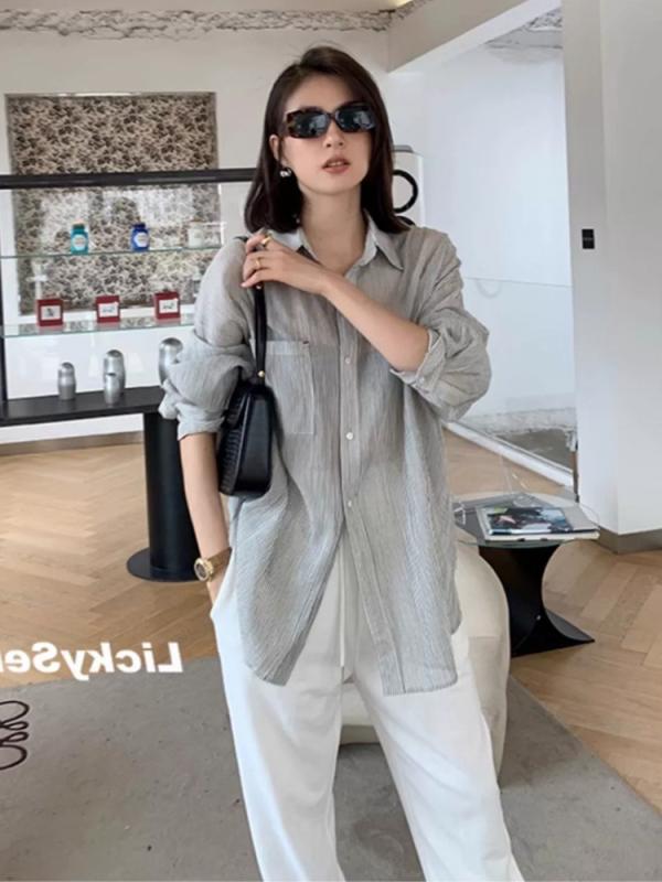 トップス レディース シャツ ストライプ柄 春夏 港 レトロ ワイドシルエット スリム効果 ゆったり 軽量 綿混 長袖 ブラウス カーディガン 日常使い 通勤用 カジュアルスタイル