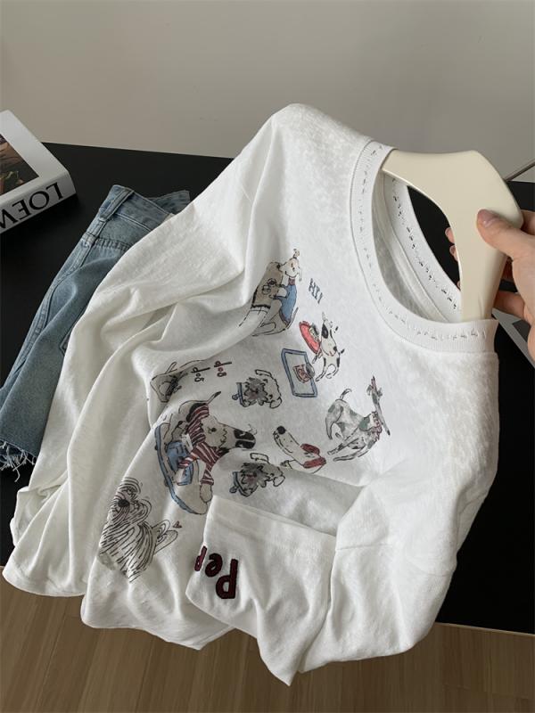 Tシャツ 女性用 夏用 薄手 通気性 雪花綿 デザイン性 透け感 レース 編み込み ラウンドネック かわいい 柄 UVカット 長袖 接触冷感 吸湿速乾 軽量 室内着 外出着 コットン混 ストレッチ ブラック ホワイト ピンク系 アイボリー