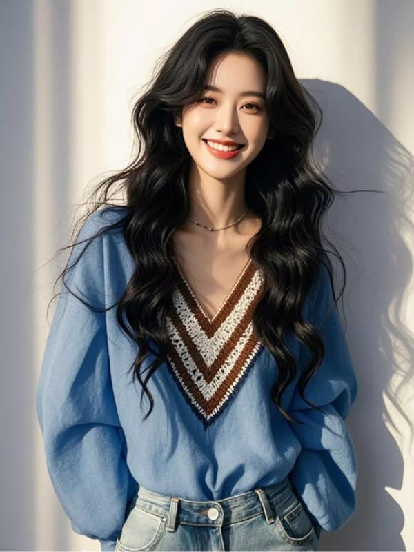 春夏 女性用 シャツ トップス ブルー 復古 ストライプ Vネック ゆったり デザイン 別注 かわいい 軽量 綿素材 普段使い シンプル スタイル