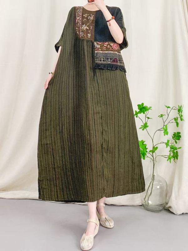 ワンピース 女性用 春夏 復古 刺繍 切り替え ゆったり 麻 素材 綿混 軽量 吸湿速乾 フラワー柄 刺繍デザイン ルーズシルエット カジュアル 普段使い 通勤対応 ブラウン系 ベージュ アイボリー ミモレ丈 膝下丈 ゆったり袖 ボートネック フレアスカ