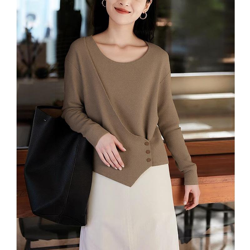 Tシャツ 女性用 春夏 長袖 ラウンドネック ソリッドカラー トップス 不対称デザイン 気質 ファッション 上品 軽量 伸縮性 綿素材 通勤 普段使い ブラック グレー ベージュ ビッグシルエット Vネック 接触冷感