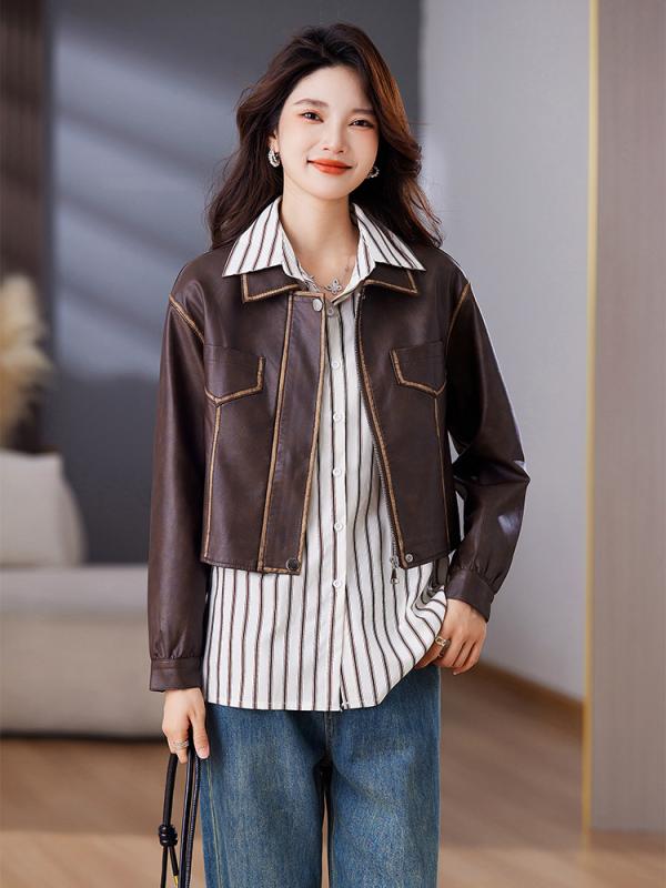 秋冬 女性用 ジャケット コート 気質 ファッション シンプル 通勤用 スタンドカラー ショート丈 百搭 デザイン PUレザー 軽量 スタイリッシュ ブラック ブラウン ベージュ カジュアルスタイル 吸湿速乾 伸縮性 高級感 秋冬 日常使い アウトドア