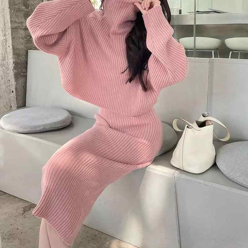 ニット カーディガン レディース セット 韓国 ゆったりシルエット 気質 優しい かわいい ファッション 吊り下げ スカート トップス 柔らかい 伸縮性 秋冬 普段使い 暖かみ 通勤 デイリー ブラック グレー ベージュ ピンク系