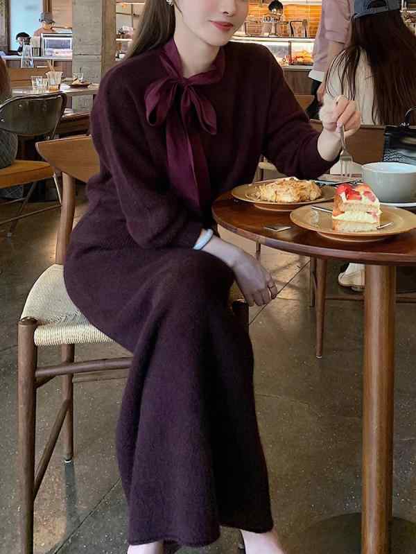 編み物 セットアップ 長袖 トップス ロングスコート 愛くるしげ リボン結び 青写真 羊毛 混 原料品 秋冬 流行り物 お上さん用 表現スタイル ゆったり 填まる 生あたたかい 座標 仕掛ける ロング丈 膝下丈 編み物スコート ニットトップス スウェーター スカー