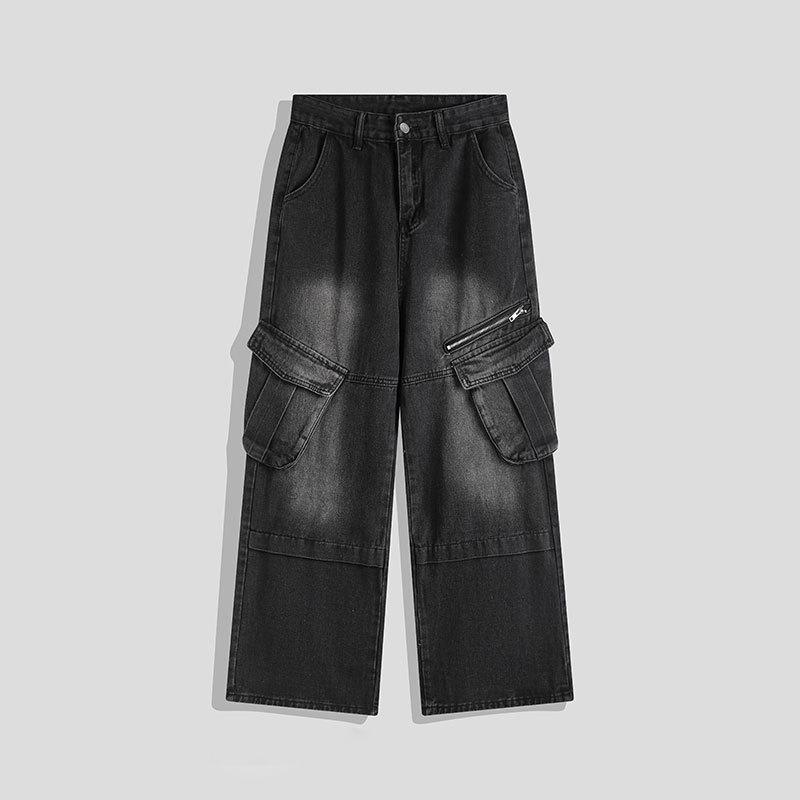 メンズ デニムパンツ 工装 春秋 ラージシルエット ジッパー マルチポケット ゆったり ヒップホップ ロング丈 コットン 素材 吸湿速乾 軽量 普段使い 通勤用 ストリートファッション ワイドレッグ ストレート ブルー グレー ベージュ カジュアル