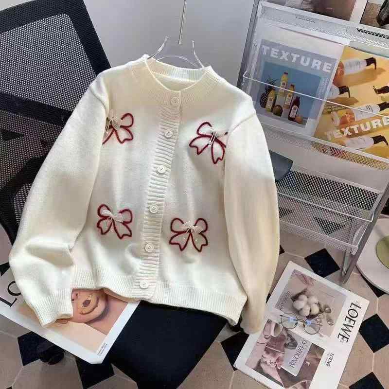 ニットカーディガン 女性用 秋冬 デザイン性 ニットトップス かわいい 蝶結び 刺繍 別珍 軽量 暖か 伸縮性 切り替え 長袖 ブラック グレー ベージュ 通勤 普段使い カジュアル