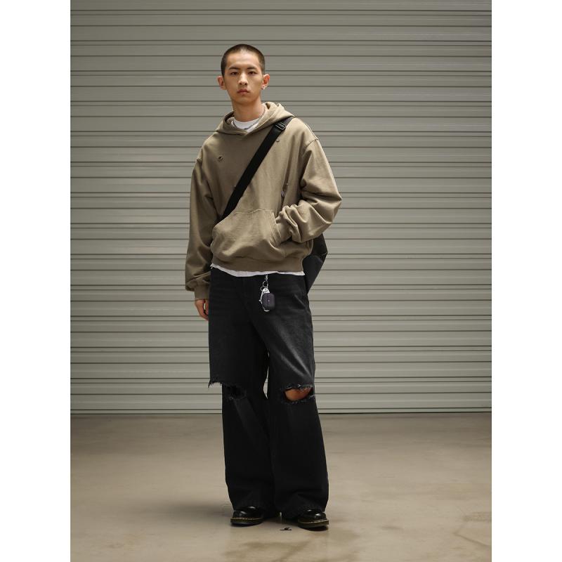 メンズ デニムパンツ 黒 ロング丈 ストレート ワイドレッグ ゆったり ビッグシルエット ヴィンテージ ウォッシュ加工 破れ 穴あき ルーズフィット コットン素材 ストレッチ 普段使い 通勤 カジュアル 秋冬