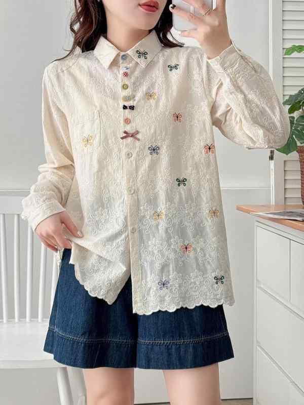 レディース 森ガール 刺繍 蝶 ワイドシルエット 長袖 シャツ カーディガン トップス コットン 麻混 軽量 伸縮性 ゆったり 普段使い カジュアル ブラック ピンク系 アイボリー 春夏