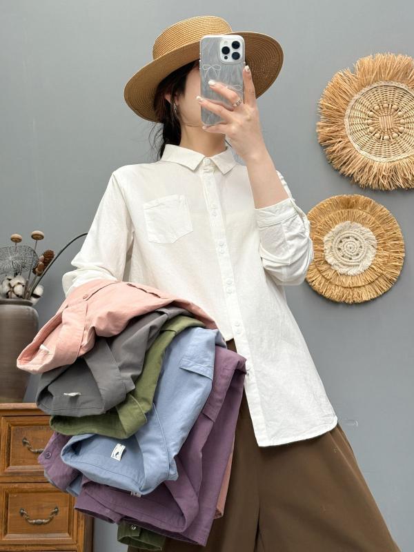 レディース シャツ トップス 長袖 綿 薄手 春夏 シンプル ダブルブレスト ボタン デザイン 日常使い 軽量 吸湿性 通勤 普段着 インナー カジュアル スタイル 柔らかい 素材 ベーシック アイボリー ブラック グレー