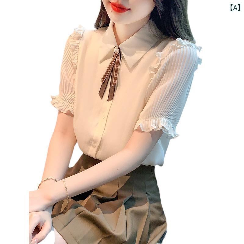 夏 用 半袖 シフォン シャツ レディース 夏服 2025 年 トップスが ユニークで 美しくて 素敵な ブラウス