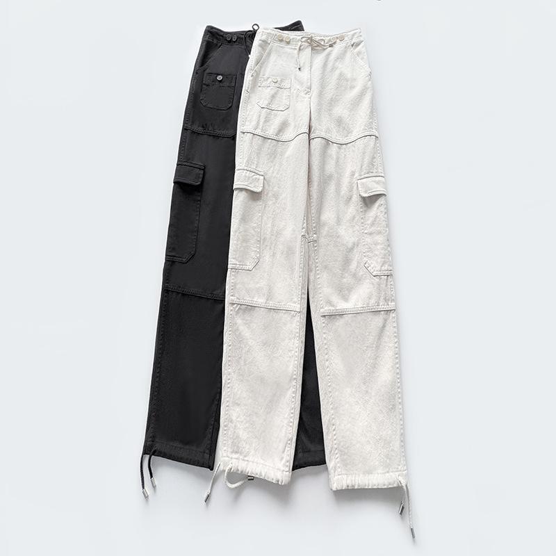 メンズ カーゴパンツ 工装 綿素材 ドローストリング 複数ポケット ストレートレッグ テーパード 脚口絞り ソリッドカラー スリムフィット ロング丈 春夏 普段使い 軽量 通勤 アウトドア 伸縮性 吸湿速乾 グレー ブラック カーキ